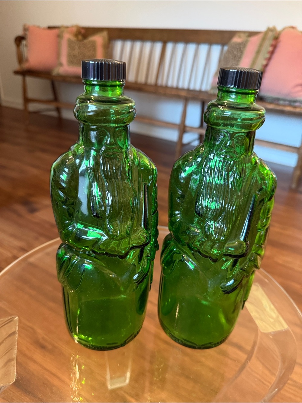 Green Figural Glass Bottle Pair with Screw-Top Lids